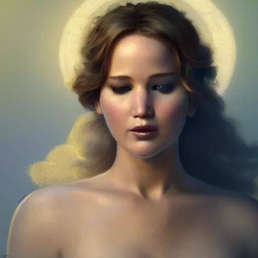 Image similar to Jennifer Lawrence as angel, medieval art, medium shot, intricate, elegant, highly detailed, digital painting, volumetric light, artstation, concept art, smooth, sharp focus, illustration, art by Gil Elvgren and Greg Rutkowski and Alphonse Mucha, 8K