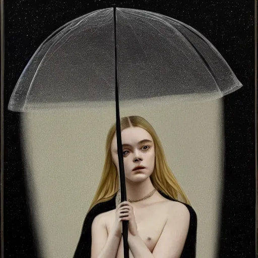 Image similar to a striking esoteric painting of Elle Fanning in the rain, dark, metal, black background, occult, by Grant Wood