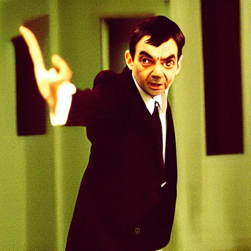 Image similar to Mr Bean as neo in the matrix, fight scene, green tinted, 35mm film
