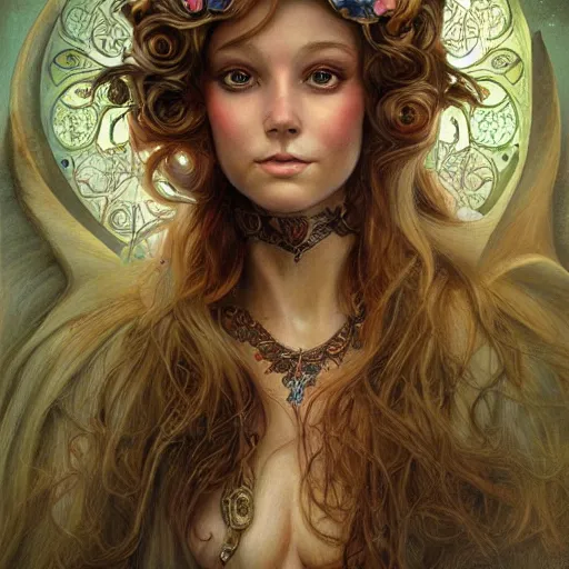 Image similar to realistic detailed face portrait of heaven by emilia dziubak, will terry, greg olsen, chris mars, ann long, and mark brooks, fairytale, female, feminine, art nouveau, illustration, character concept design, storybook layout, story board format