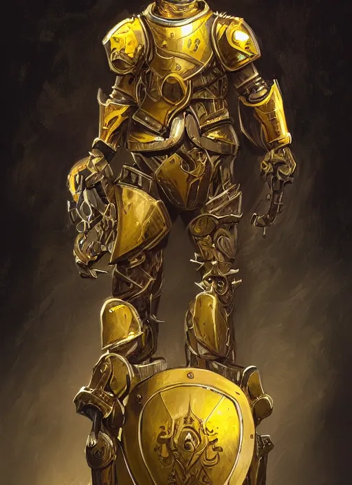 Image similar to dynamic portrait of a intricate mechanical warforged character in yellow armor holding a paladin engraved longsword and carrying a big shield, epic , trending on ArtStation, cinematic lighting, by Jesper Ejsing