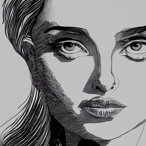 Image similar to a black and white ink-Manga portrait of Natalie Portman