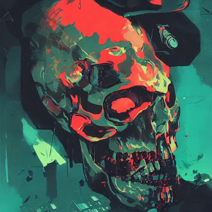 Prompt: a colorful comic noir illustration painting of a cyberpunk skull by sachin teng and sergey kolesov and ruan jia and pascal blanche. in style of chromatic risograph print, sci fi, hyper detailed. octane render. trending on artstation