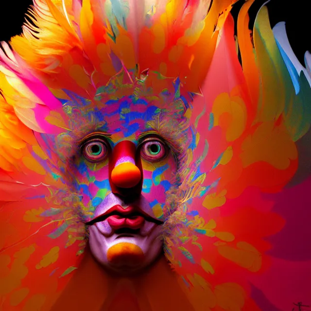 Prompt: face of clown psychedelic transcendent feather mind bending psychedelic balloons of glossy liquid honey flowing like kaleidoscopic translucent holograph, lsd feathers, feathery fluff, enlightenment, high contrast dappled lighting, refracted sunset, highly detailed, concept art, art by collier, albert aublet, krenz cushart, artem demura, alphonse mucha