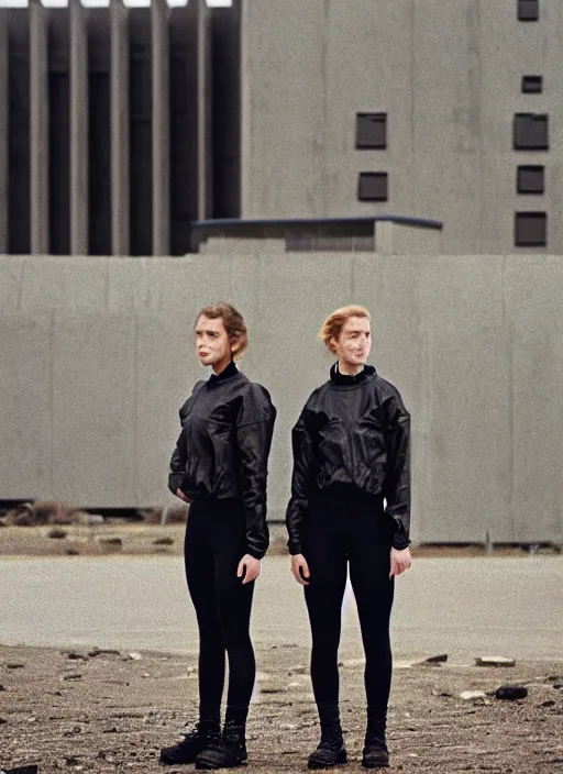 Prompt: cinestill 5 0 d photographic portrait of two clones standing in front of a brutalist metal building, techwear women on a desolate plain, closeup, depth of field, 4 k, 8 k, hd, full color