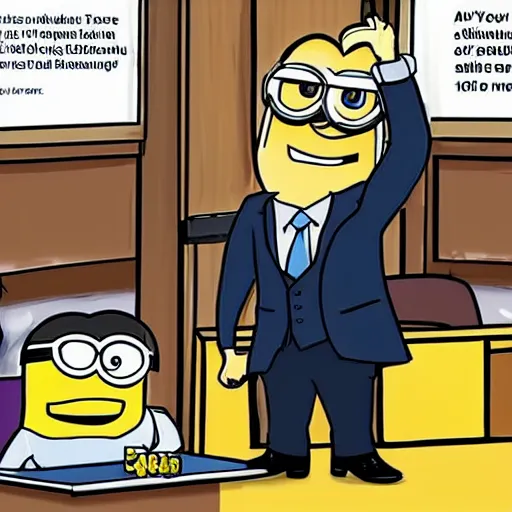 Prompt: saul goodman defending a minion in court