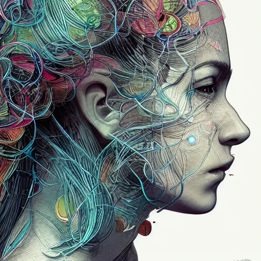 Prompt: the head of a beautiful woman, an ultrafine detailed illustration by james jean, final fantasy, intricate linework, bright colors, behance contest winner, vanitas, angular, altermodern, unreal engine 5 highly rendered, global illumination, radiant light, detailed and intricate environment