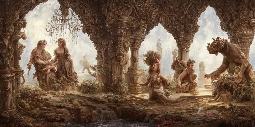 Image similar to a stunning and noble highly detailed romantic period style painting of the place where gods come into being by james jean, josep tapiro baro and harles sillem lidderdale, trending on artstation, oil painting masterpiece, symmetry, rule of thirds, mysterious