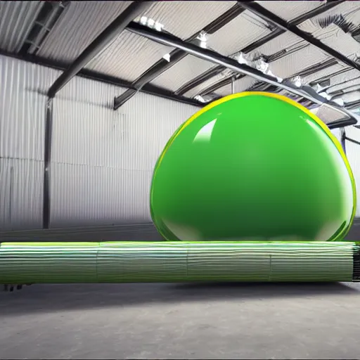 Image similar to big metallic capsule connected to pipelines, purpose is pump, standing in large industrial hall, designed by best engineers, raytracing, reflections