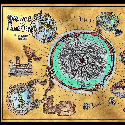 Prompt: hand drawn rpg map of circular city with a giant core in the middle, ink, low detail colorful