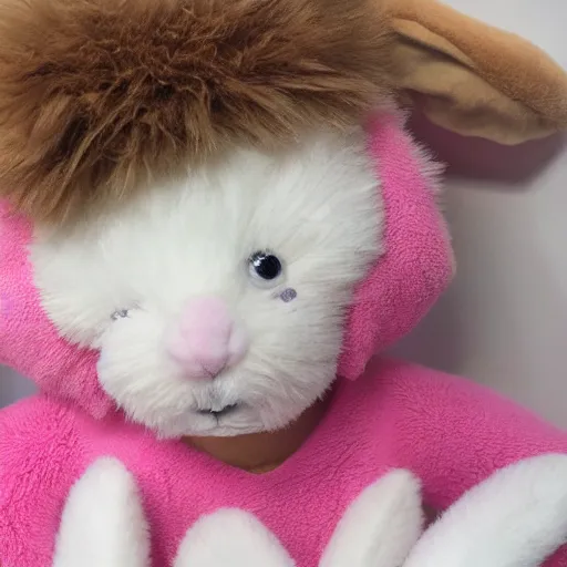 Image similar to flopsy the stuffed bunny comes to life in a 9 year old girls bedroom, photo realistic, fluffy, cute, adorable