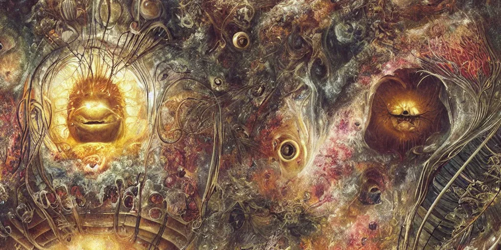 Prompt: a beautiful dreamy painting of a coronavirus inside a high-resolution television screen, laughing alien face, dark, sinister, detailed, art by Ernst Haeckel and Matt Lombardi and Greg Rutkowski-H 576