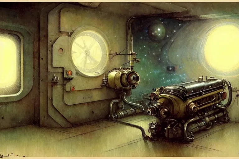 Image similar to ( ( ( ( ( 1 9 5 0 s retro science fiction engine room interior scene. muted colors. ) ) ) ) ) by jean - baptiste monge!!!!!!!!!!!!!!!!!!!!!!!!!!!!!!