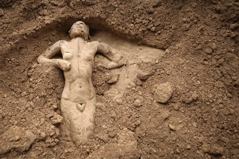 Prompt: Fossilized valkyrie goddess being excavated from the ground. 8k