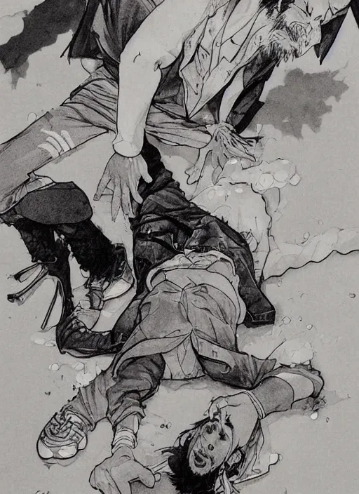 Prompt: a funky disco crackhead passed out on the club dance floor, by takehiko inoue and kim jung gi and hiroya oku, masterpiece ink illustration, realistic face and anatomy