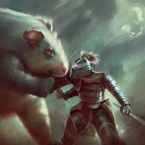 Prompt: a knight fighting a giant hamster, painting by ross tran