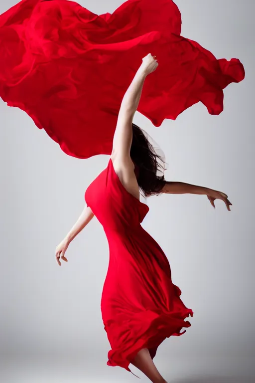 Image similar to woman dancing in a crimson summer dress, fashion magazine, elegant, dynamic movement, photorealistic camera shot, bright studio setting, studio lighting, crisp quality and light reflections