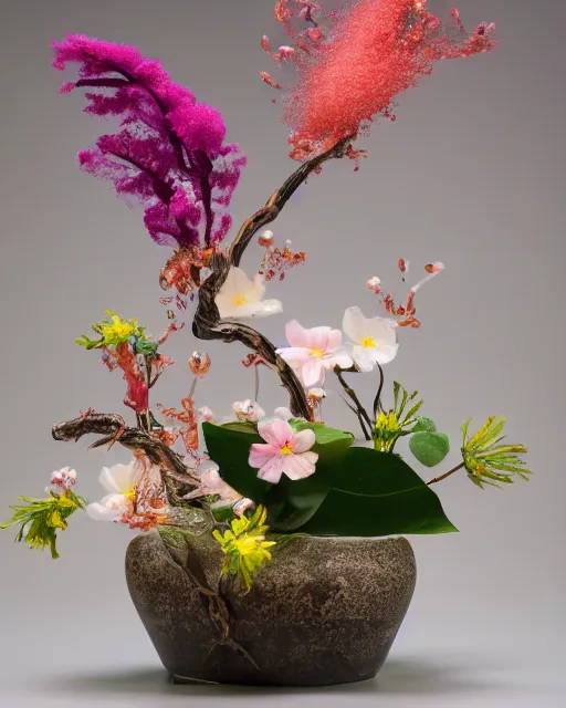 Image similar to lush and detailed, highly beautiful aesthetic award-winning ikebana flower arrangement, blossoms spontaneously shattering and breaking with powder, spray and colored smoke, sigma 35mm f/4