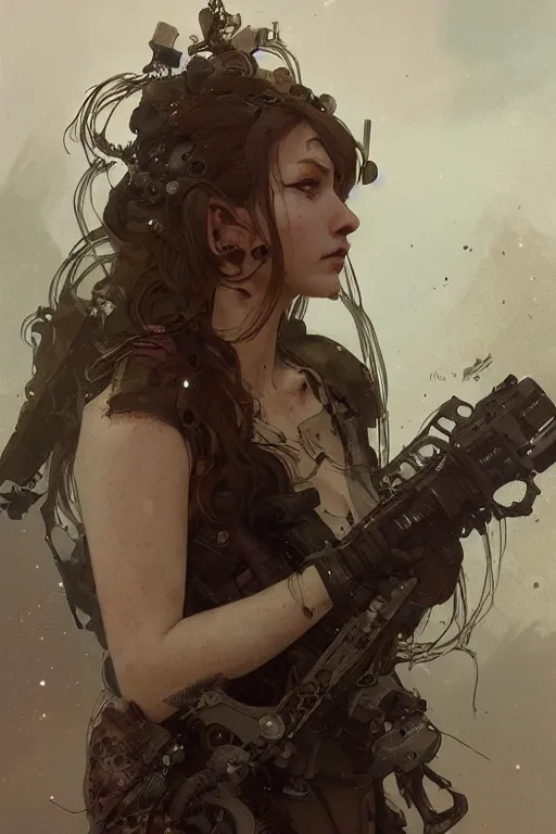 Prompt: A full portrait of a beautiful post apocalyptic offworld watchmaker, intricate, elegant, highly detailed, digital painting, artstation, concept art, smooth, sharp focus, illustration, art by Krenz Cushart and Artem Demura and alphonse mucha