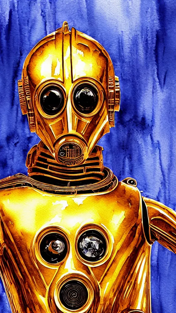 Image similar to a portrait of c - 3 po in a watercolor style. faded wash. style of robert hagan. color harmony, 8 k detail, gallery quality, hd wallpaper, premium prints available, hyper - detailed, intricate design.