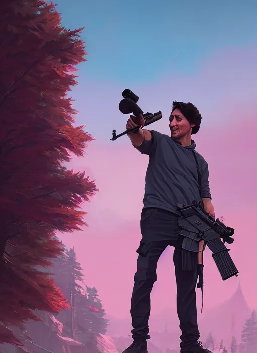 Image similar to highly detailed portrait justin trudeau in ( ( pink hoody rainbow socks ) ) holding ar - 1 5! in gta v stephen bliss unreal engine fantasy art by greg rutkowski loish rhads ferdinand knab makoto shinkai lois van baarle ilya kuvshinov rossdraws tom bagshaw global illumination radiant light detailed intricate environment