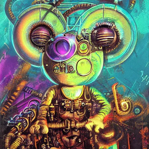 Image similar to steampunk rat, acid, 303, psychedelic, by paul lehr