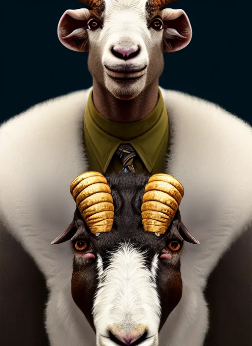 Image similar to anthropomorphic portrait of will smith as a goat, au naturel, hyper detailed, digital art, trending in artstation, cinematic lighting, studio quality, smooth render, unreal engine 5 rendered, octane rendered, art style by klimt and nixeu and ian sprigger and wlop and krenz cushart