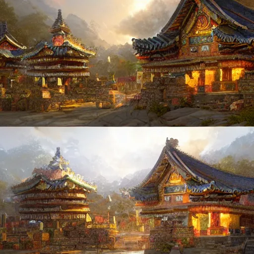 Image similar to artstation concept of an ancient korean village, bright colorful, gold, hyperdetailed, artstation trending, world renowned artists, worth1000.com, historic artworks society, antique renewel, cgsociety, by greg rutkowski, by Gustave Dore, Deviantart