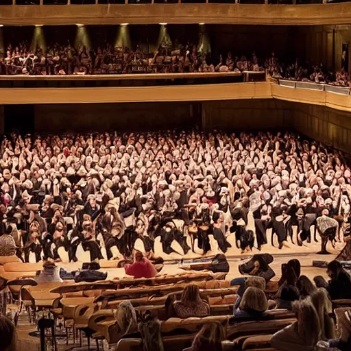 Image similar to opera house filled with audience watching an opera of a sad cat alone on the stage