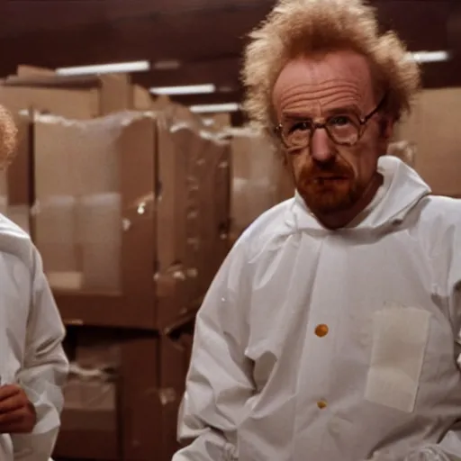 Prompt: Gene Wilder and Walter White in hazmat suits in the chocolate factory, photorealism, 8k