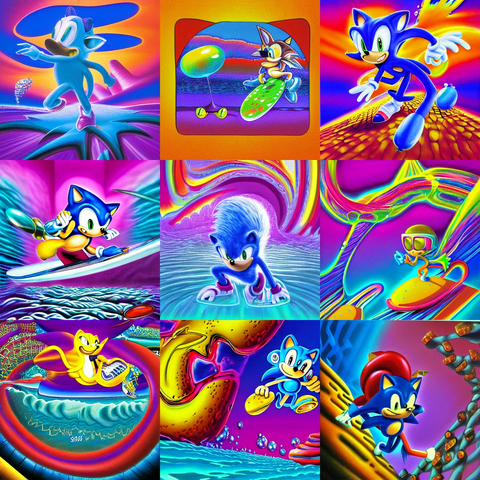 Prompt: surreal, sharp, detailed professional, soft pastels, high quality airbrush art album cover of a liquid bubbles airbrush art lsd dmt sonic the hedgehog surfing through cyberspace, purple checkerboard background, 1 9 9 0 s 1 9 9 2 sega genesis rareware video game album cover