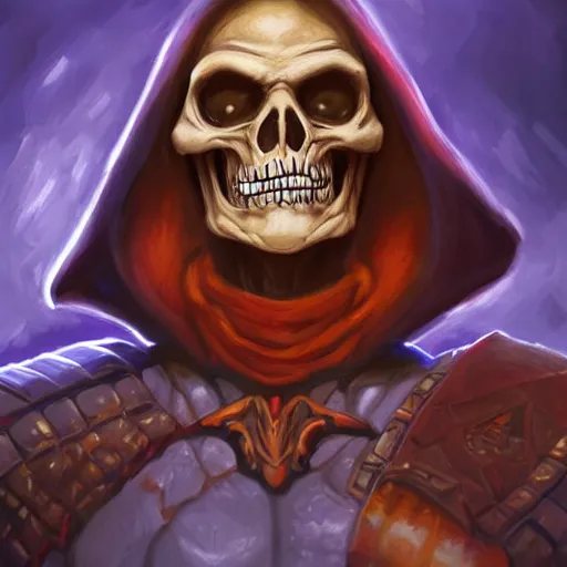 Image similar to portrait painting of skeletor, dnd beyond avatar portraits, beautiful, artistic, elegant, lens flare, magical, nature, realism, stylized, art by jeff easley and genndy tartakovsky