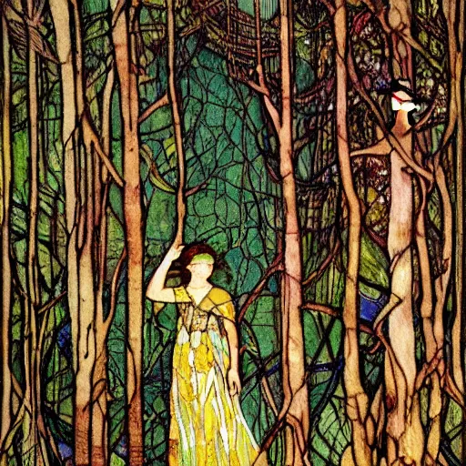 Image similar to a painting of a woman in a forest, a silk screen by harry clarke, deviantart, arts and crafts movement, pre - raphaelite, mixed media, creative commons attribution