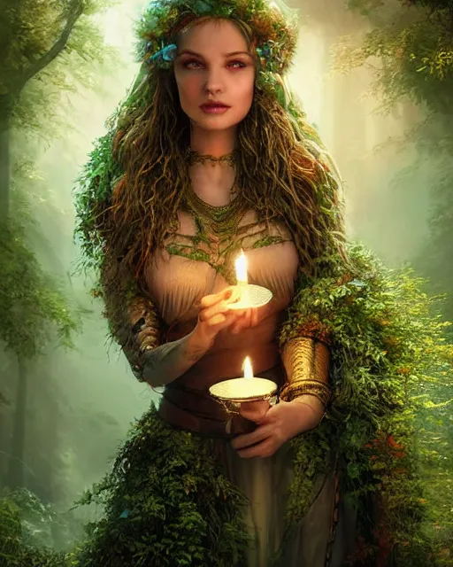 Image similar to portrait high definition photograph beautiful woman holding a candle fantasy character art, hyper realistic, pretty face, hyperrealism, iridescence water elemental, snake skin armor forest dryad, woody foliage, 8 k dop dof hdr fantasy character art, by aleski briclot and alexander'hollllow'fedosav and laura zalenga