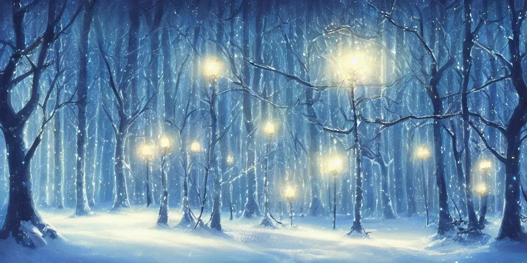 Prompt: high quality illustration of an enchanted magical winter forest::night time, glowing sparkles, mystic lightning::painted by Daisuke Tsutsumi, artstation art