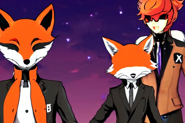 Image similar to a furry tan male fox on a persona 5 : royal ( by atlus ) video game splash screen, a furry male sandcolored tan fox fursona ( has hair ), persona 5 phantom thief style