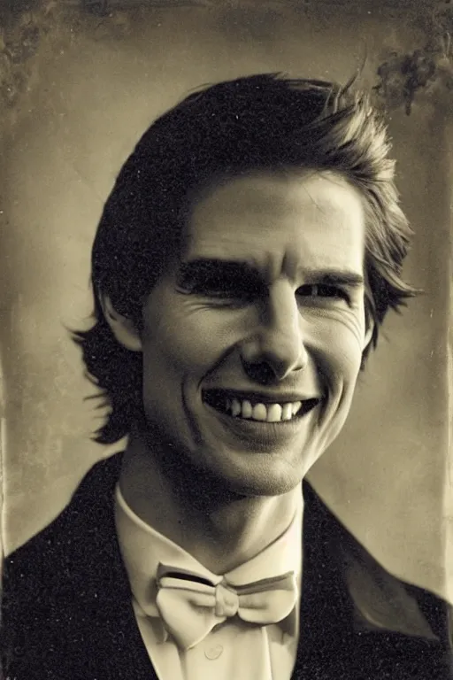 Image similar to disturbing daguerreotype of tom cruise with a creepy grin