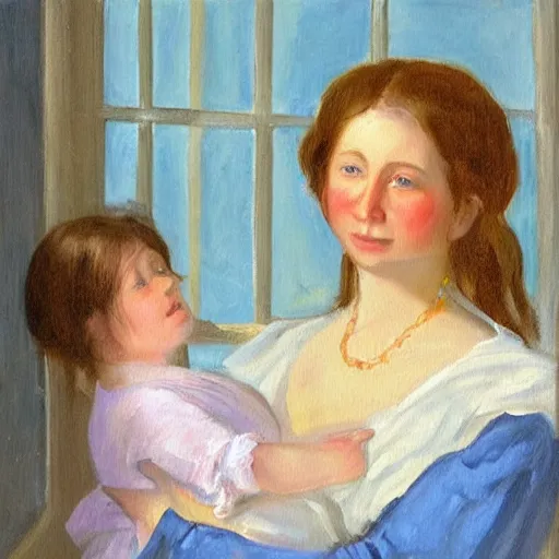 Image similar to a painting of a woman holding a child. The woman is wearing a white dress and has a blue scarf around her head. The child is a young girl, and she is also wearing a white dress. They are both standing in front of a window, and there is a curtain blowing in the wind. The colors in the painting are very soft and muted.