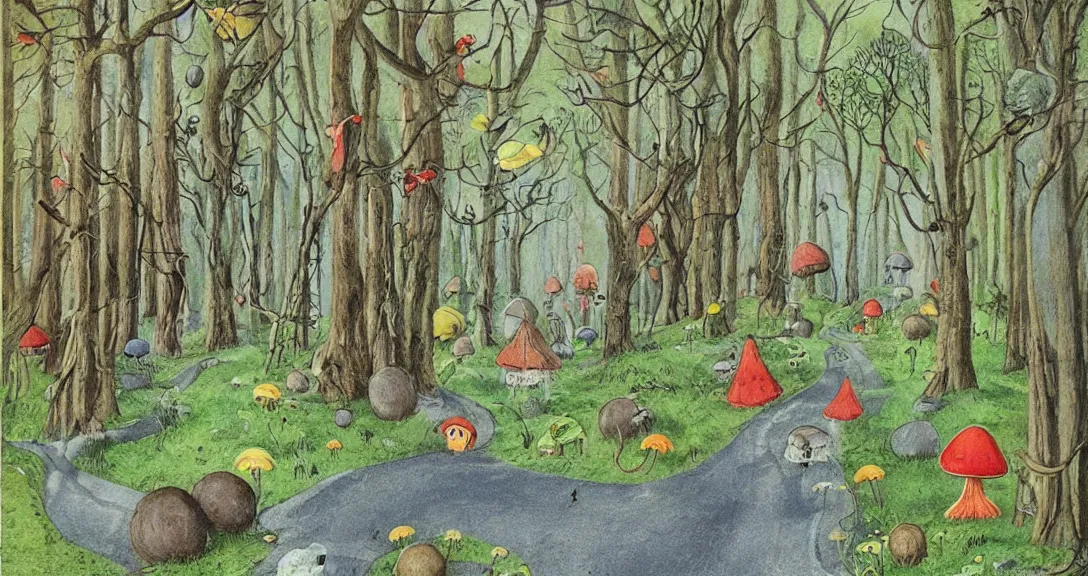 Prompt: road in a forest road, with different birds and animals, small and big fairy tale buildings, giant mushrooms, weird creatures, highly detailed, fantasy art, fairy tale illustration, book illustration, by tove jansson