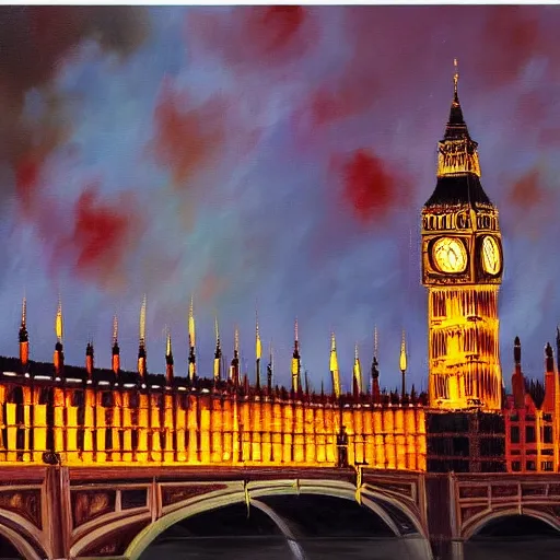 Image similar to detailed, soft, dynamic painting of the Big Ben in flames, burning, arson, professional painting, at dusk