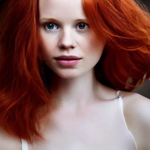 Prompt: hyper realistic photography beautiful girl, face tamzin merchant, red hair, style of academisme