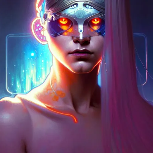 Image similar to cyborg, female, fantasy, bioluminiscence, flowing hair, portrait, highly detailed, digital painting, beautiful eyes, symmetry, concept art, sharp focus, illustration, art by artgerm and greg rutkowski and magali villeneuve and ilya kuvshinov! : : alphonse mucha : : - 0. 2