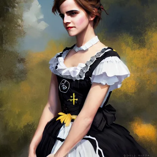 Image similar to highly detailed painting of emma watson wearing a black cat lolita maid dress, stephen bliss, 8 k, by greg rutkowski, artgerm, loish, rhads, global illumination, detailed and intricate environment