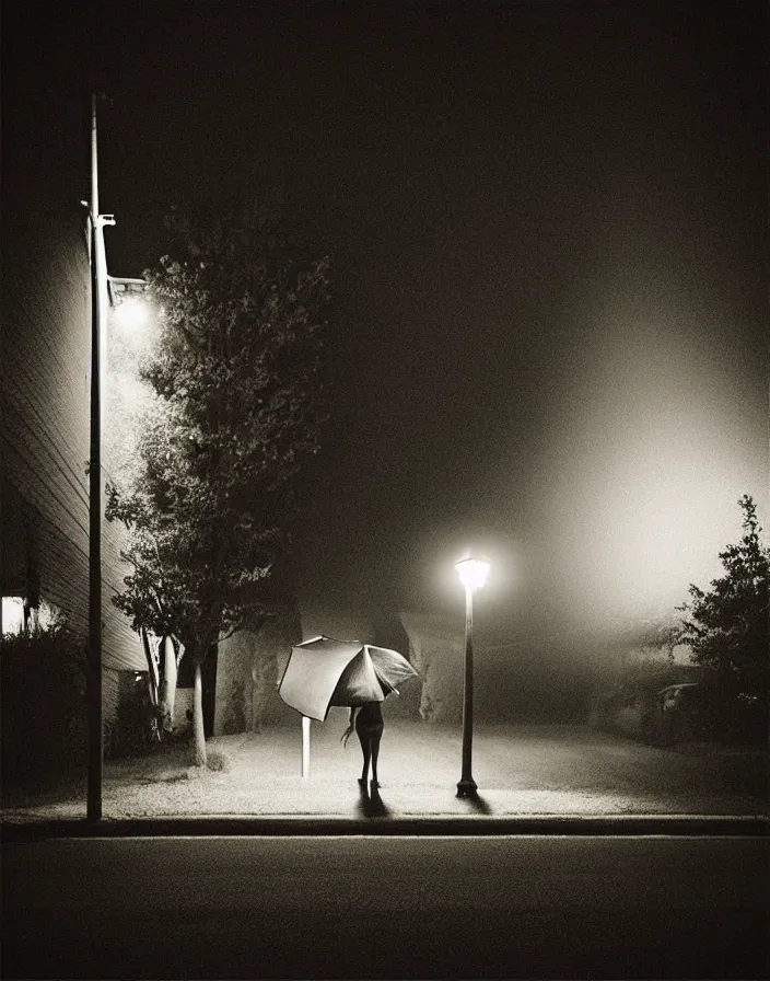 Image similar to “ quiet american neighborhood at night, a woman waiting with a black umbrella, photography in the style of gregory crewdson, mist, rule of thirds ”