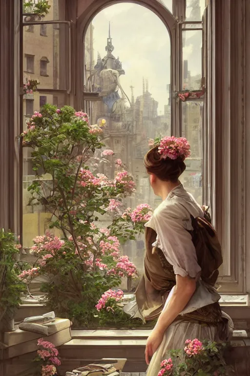 Prompt: ultra realistic illustration, old vintage card in city with flowers blossoming out the window, elegant, highly detailed, digital painting, concept art, smooth, sharp focus, illustration, art by artgerm and greg rutkowski and alphonse mucha