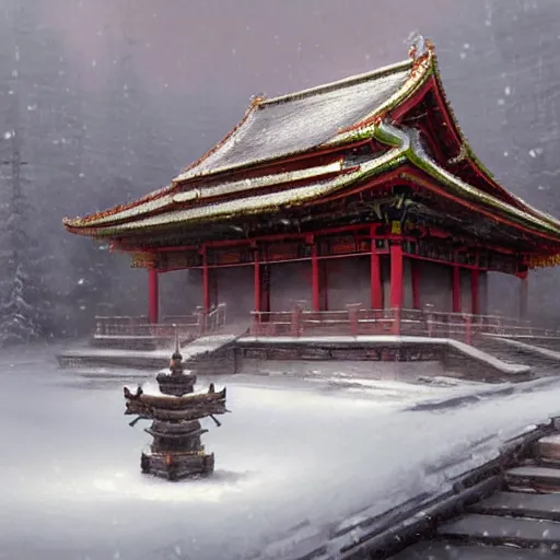 Prompt: asian temple in the snow, digital art, realistic, ultradetailed, concept art, art by greg rutkowski and thomas kinkade, trending on artstation, devianart, cgsociety