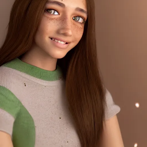Prompt: Render of April, a cute 3D young woman, long shiny bronze brown hair, full round face, green eyes, light tan skin, a few cute freckles, light blush, smiling softly, wearing casual clothing, interior lighting, cozy living room background, medium shot, mid-shot, hyperdetailed, hyperreal, trending on Artstation, Unreal Engine 4k