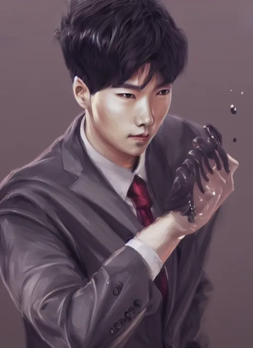 Image similar to a highly detailed illustration of attractive korean man with bowl cut black hair wearing shirt and tie, wielding giant black mist claws pose, tired expression, black mist surrounding background, intricate, elegant, highly detailed, centered, digital painting, artstation, concept art, smooth, sharp focus, league of legends concept art, wlop.