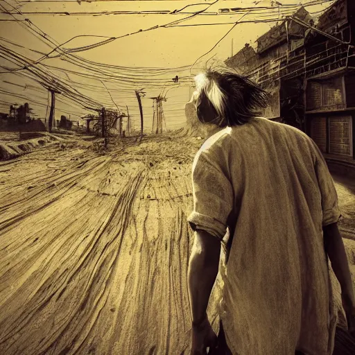 Image similar to a man looking at the sky, texture, brown mud, dust, tangled overhead wires, telephone pole, dusty, dry, pencil marks, genius party,shinjuku, koji morimoto, katsuya terada, masamune shirow, tatsuyuki tanaka  hd, 4k, remaster, dynamic camera angle, deep 3 point perspective, fish eye, dynamic scene