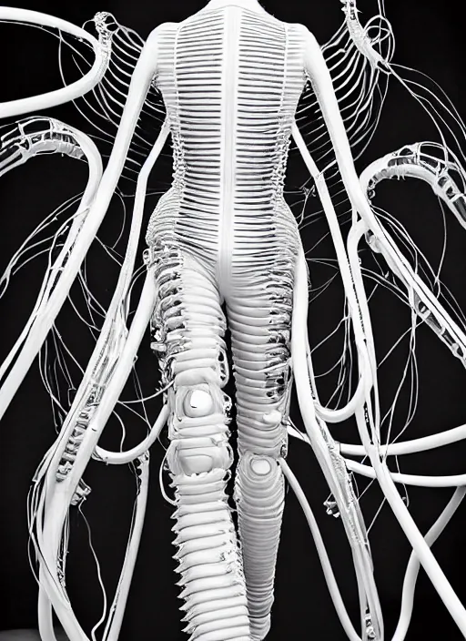 Image similar to walking down the catwalk, steven klein, show, stage, vogue photo, podium, fashion show photo, iris van herpen, beautiful woman, full body shot, masterpiece, inflateble shapes, alien, giger, plant predator, guyver, jellyfish, wires, veins, white biomechanical details, wearing epic bionic cyborg implants, highly detailed